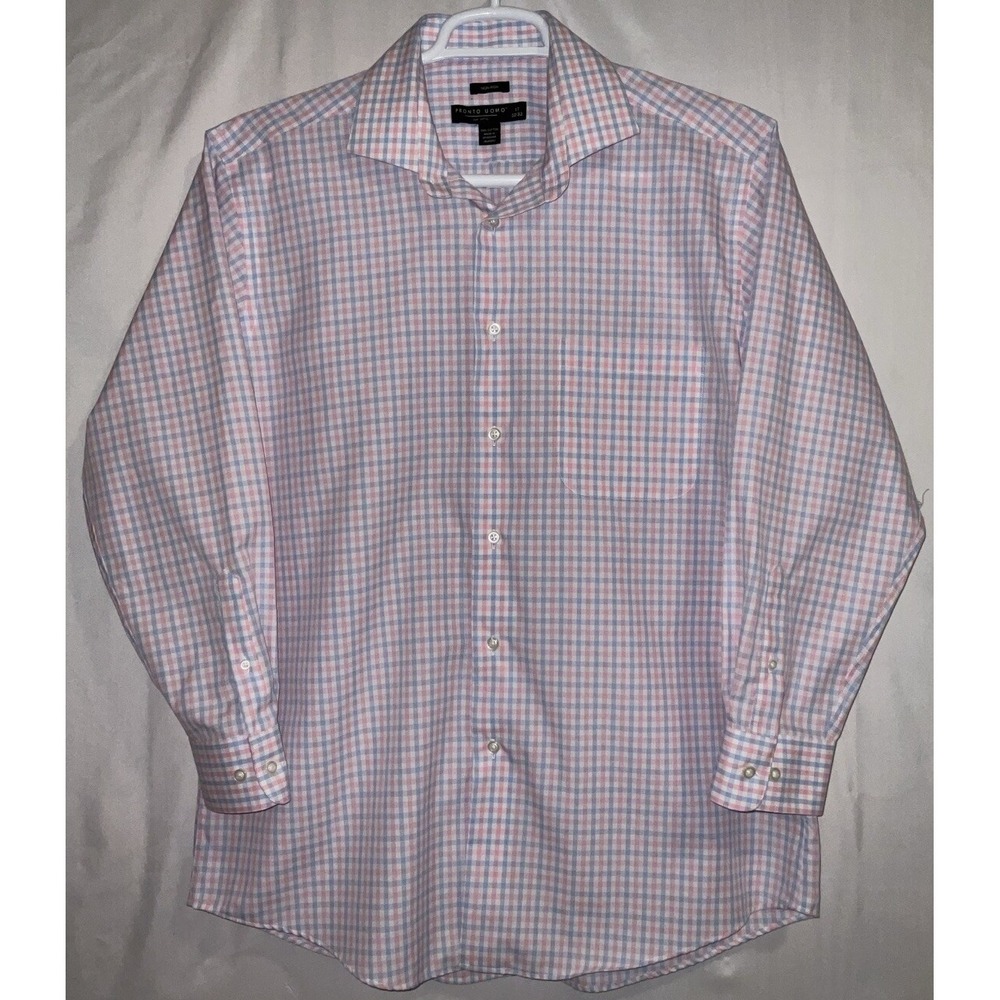 Men's Pronto Uomo Long Sleeve Pink & Blue‎ Checked Non-Iron Dress Shirt 17 32/33